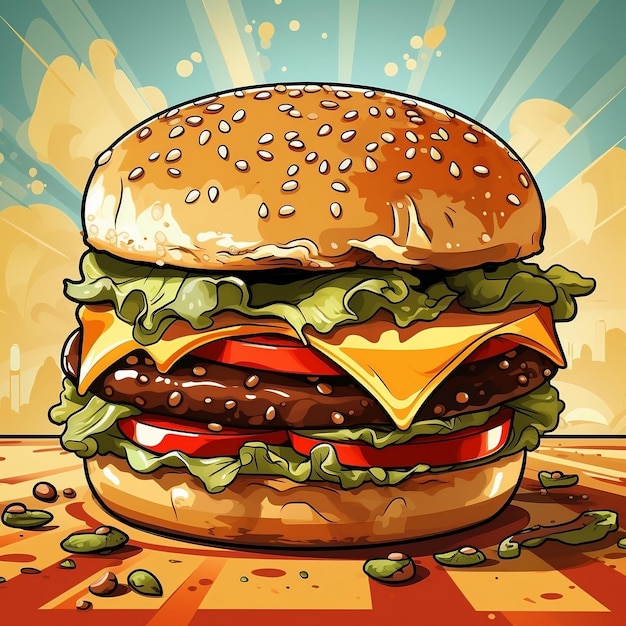 다채로운 팝 아트 레트로 배경에 만화 스타일의 치즈 햄버거