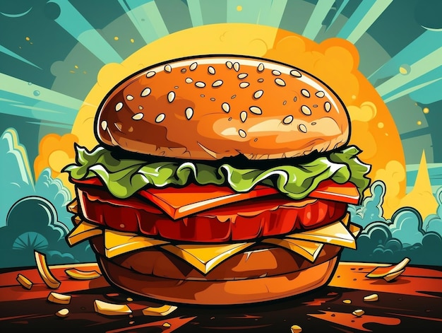 Cartoon style cheese burger on colorful pop art retro background