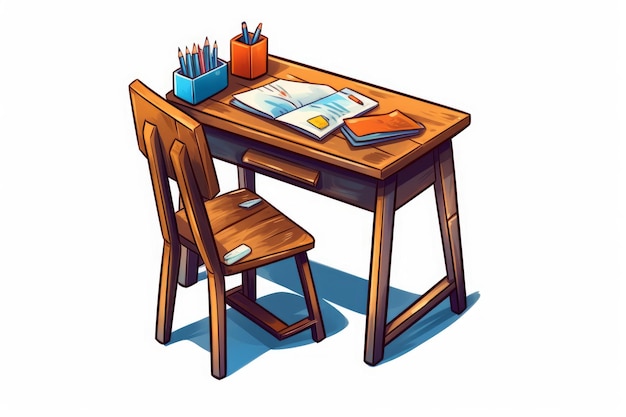 Cartoon Style Classroom Desk and Chair on White AI generated