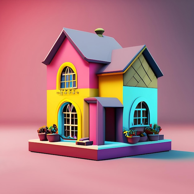 Foto casa in miniatura colorata in stile cartone animato isolata sullo sfondo