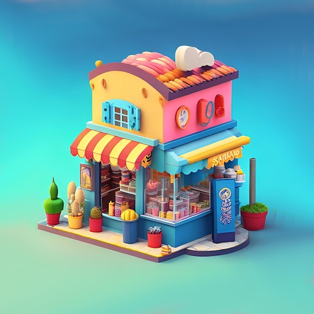 Cartoon style colorful miniature shop isolated on the background