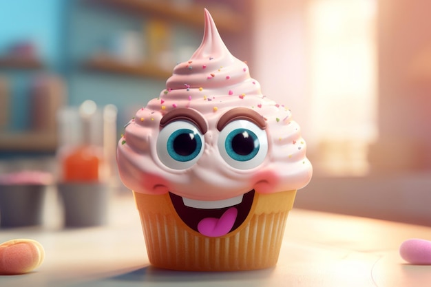 A cartoon style cupcake with large eyes and ears is sitting on a table in the style of vray tracing Generative AI