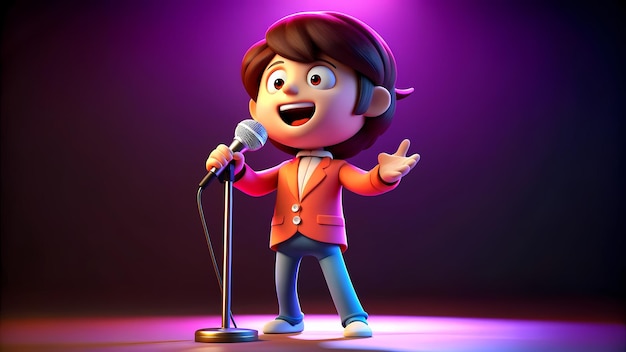 Cartoon style a cute boy character singing with microphone in hand