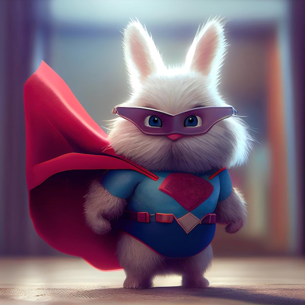 Photo cartoon style cute rabbit superhero greeting card concept made with generative ai