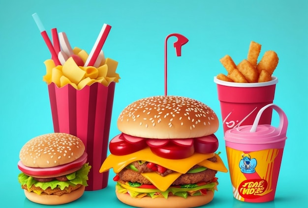 Foto delizioso fast food in stile cartone animato