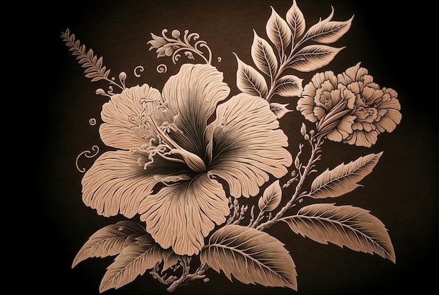 Cartoon style etched hibiscus illustrations