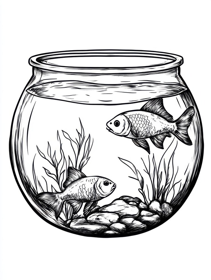 Cartoon style fishbowl black lines suitable for children coloring