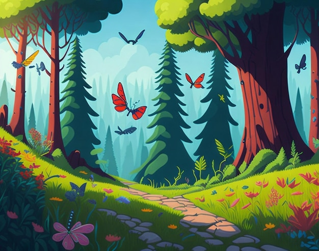 Cartoon style forest summer scene illustration A playful jungle landscape AI Generated
