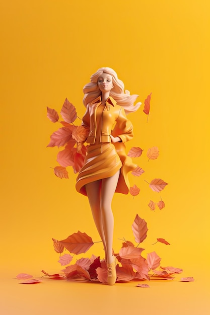 Cartoon style girl with with yellow leaves for autumn holiday background celebration card and social media template ai generative