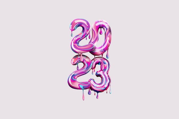 Фото Мультяшный стиль с новым 2023 годом красочные цифры в виде конфет праздничная открытка в стиле журнала баннер заголовок веб-сайта веб-плакат шаблон для рекламы 3d иллюстрация 3d рендеринг