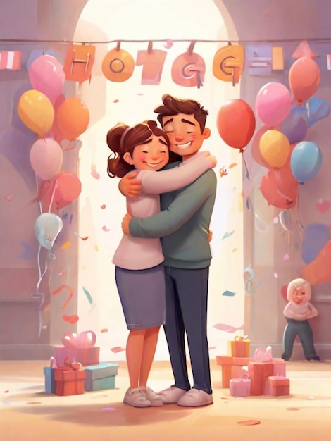 Photo cartoon style hugging day celebration