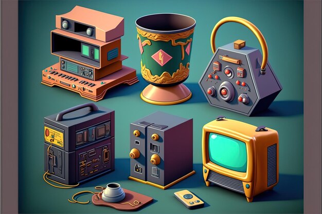 Cartoon style illustration of 80's objects and toys set, white background. Generative AI