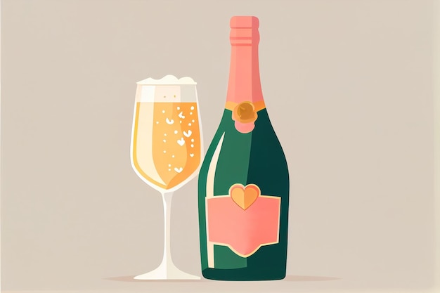 Cartoon style illustration of champagne bottle and glass with romantic atmosphere AI