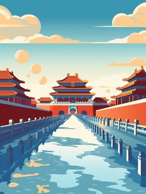 A cartoon style illustration of a chinese city with a bridge generative ai