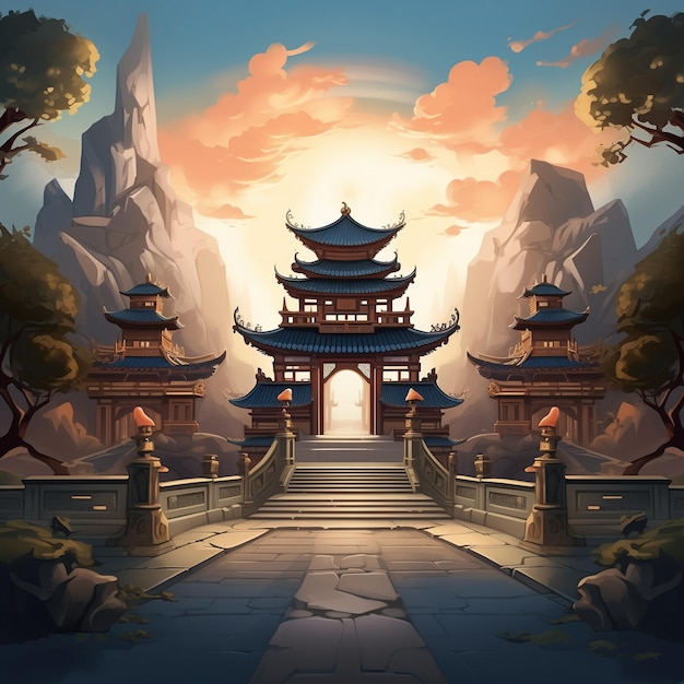 A cartoon style illustration of a chinese temple game background