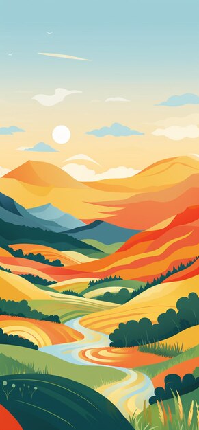 A cartoon style illustration of a colorful landscape with a river generative ai