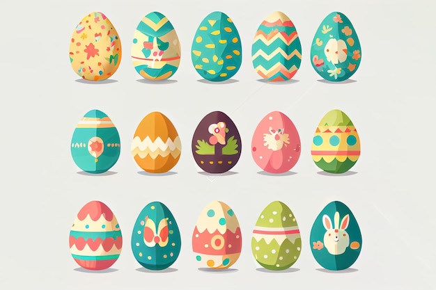 Иллюстрация в мультяшном стиле красочного набора и сделанных пасхальных яиц на сером фоне AI