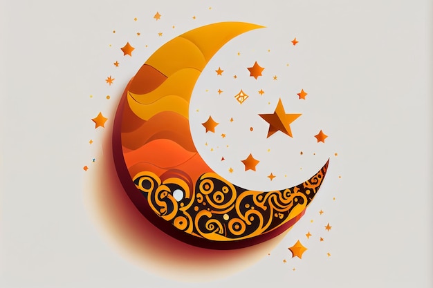 Cartoon style illustration of crescent golden moon isolated on white background AI