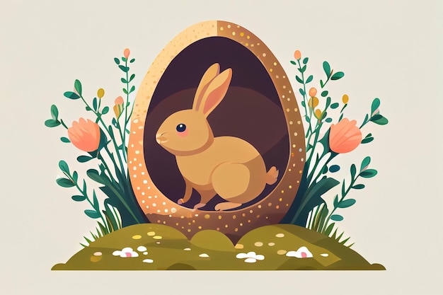 Cartoon style illustration of cute rabbit and easter egg in soft tone colors AI