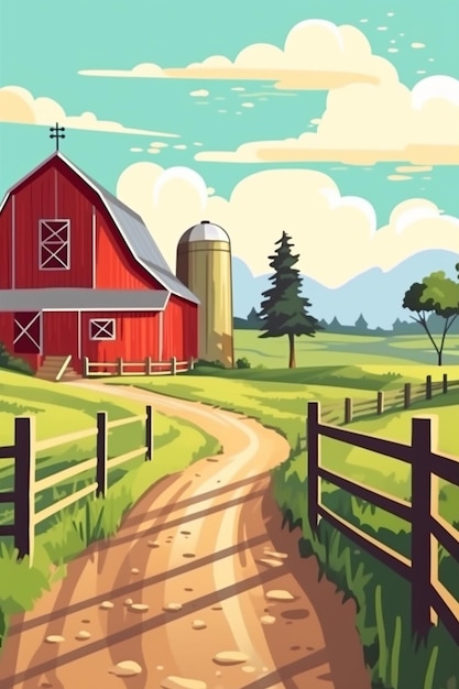 A cartoon style illustration of a farm with a red barn and a dirt road generative ai