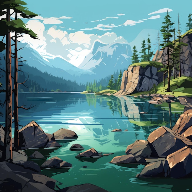 Cartoon Style Illustration Of A Fjord With Reflective Water Trees And Rocks