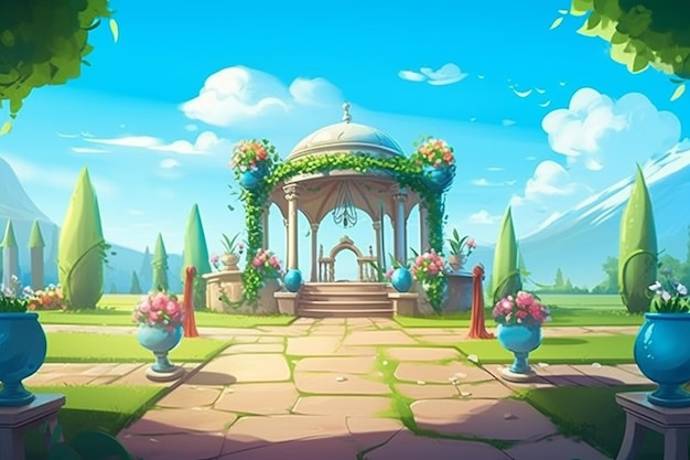 A cartoon style illustration of a gazebo surrounded by flowers generative ai