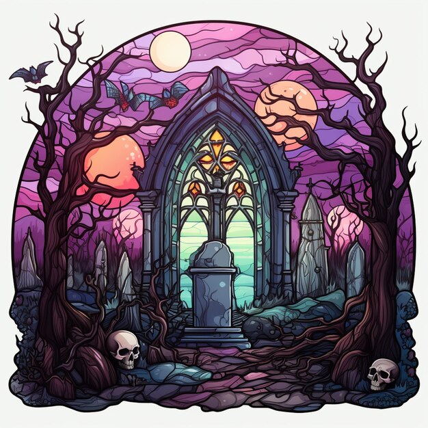 A cartoon style illustration of a gothic gothic church with a graveyard generative ai