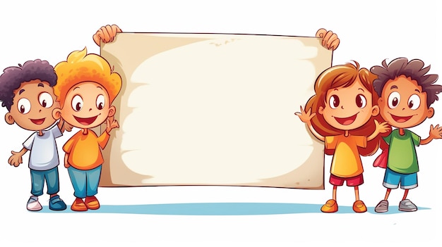 Photo cartoon style illustration of happy cute children holding a empty board on white isolated background for children's day generative ai