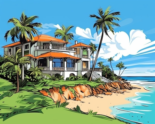 A cartoon style illustration of a house on the beach with palm trees generative ai