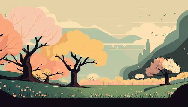 A cartoon style illustration of a landscape with a tree and mountains in the background.