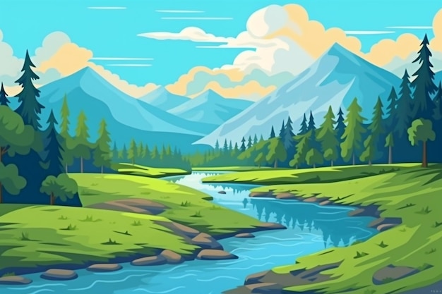 A cartoon style illustration of a mountain river in a forest generative ai