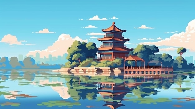 A cartoon style illustration of a pagoda on a lake with trees generative ai