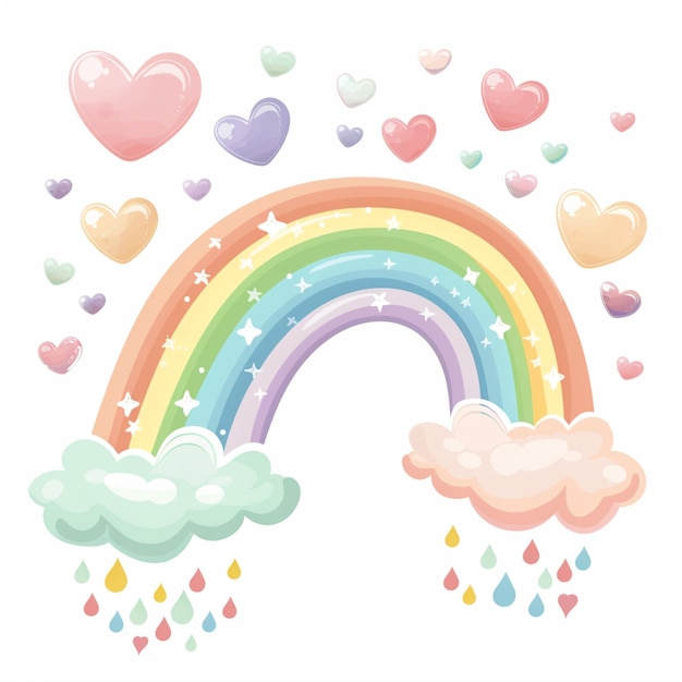 Photo cartoon style illustration of a pastel rainbow with clouds and hearts