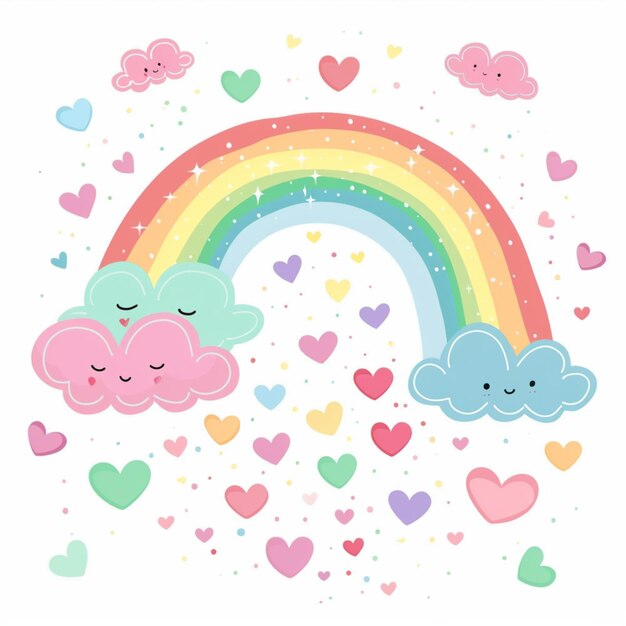Photo cartoon style illustration of a pastel rainbow with clouds and hearts