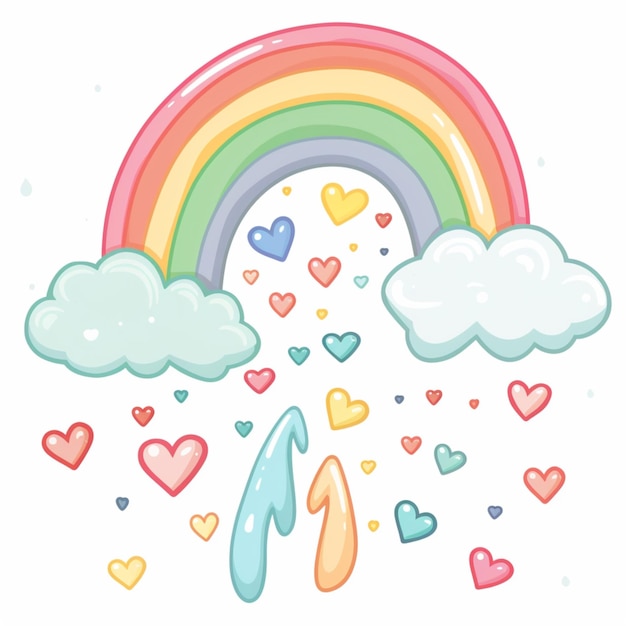 Photo cartoon style illustration of a pastel rainbow with clouds and hearts