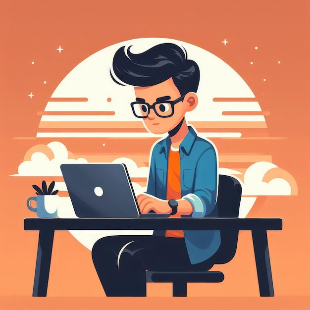 A cartoon style illustration of a person sitting at a desk working on a laptop wearing glasses