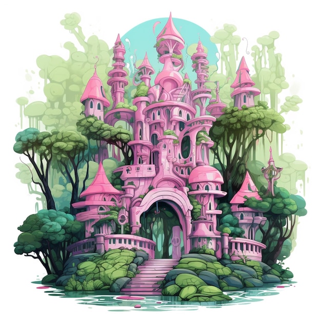 A cartoon style illustration of a pink castle surrounded by trees generative ai