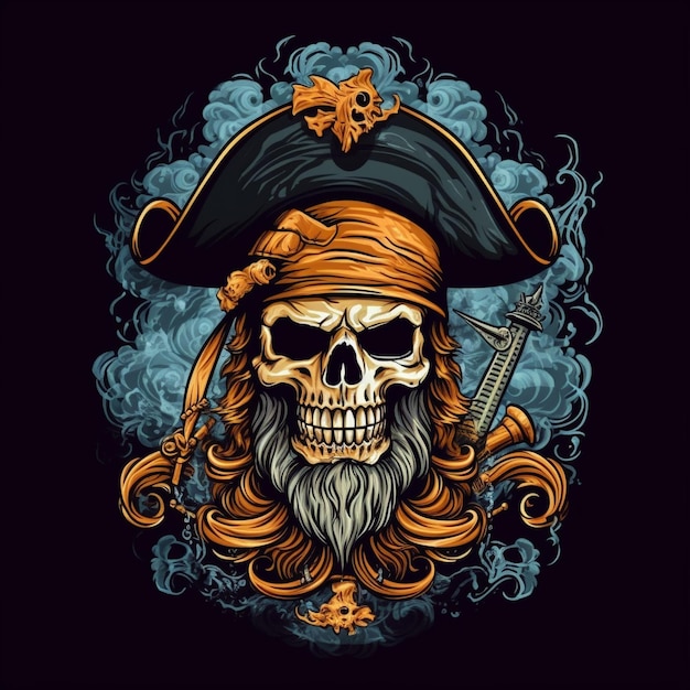 Photo cartoon style illustration of a pirate style skull vector logo on solid background
