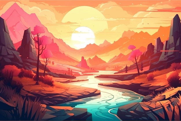 A cartoon style illustration of a river in a mountainous landscape generative ai