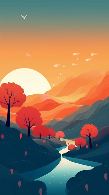 A cartoon style illustration of a river running through a valley generative ai