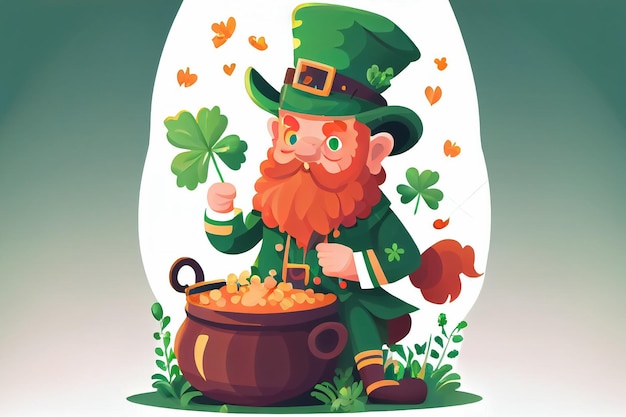 Cartoon style illustration of saint patrick with barrel
abundance with golden coins