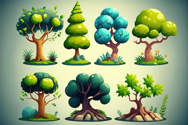 Cartoon style illustration of set of trees, background. Generative AI