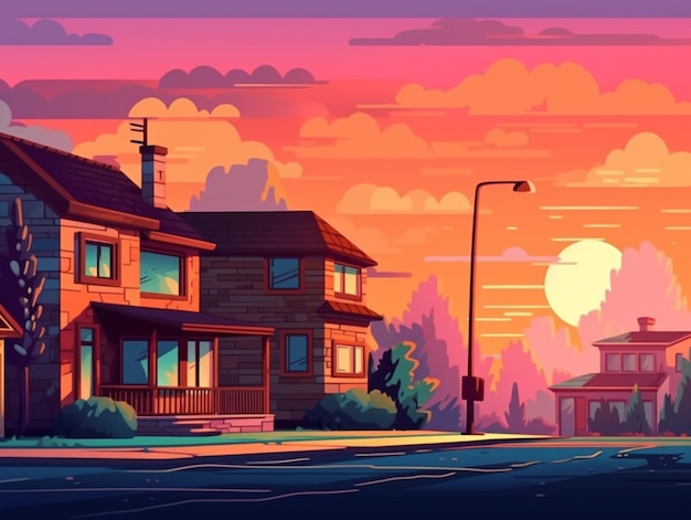 A cartoon style illustration of a suburban neighborhood at sunset generative ai