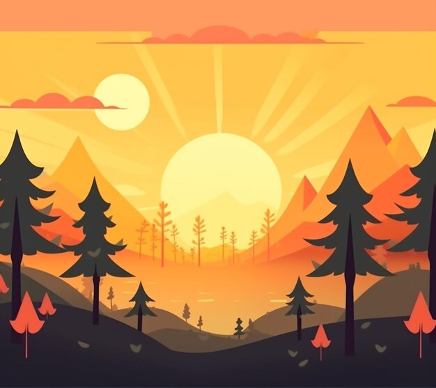 Иллюстрация заката в лесу в мультяшном стиле