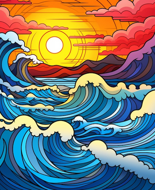 A cartoon style illustration of a sunset over a large wave generative ai