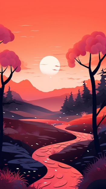 A cartoon style illustration of a sunset with a river and trees generative ai