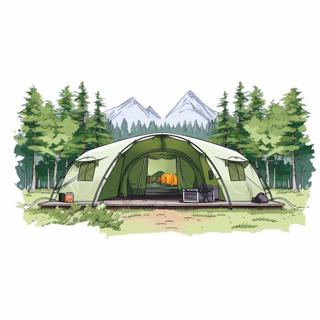 a cartoon style illustration of a tent in the woods with a picnic table generative ai