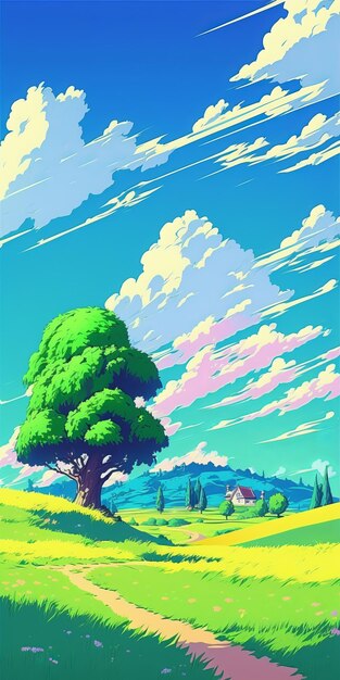 Иллюстрация в мультяшном стиле дерева в поле с облачным небом.