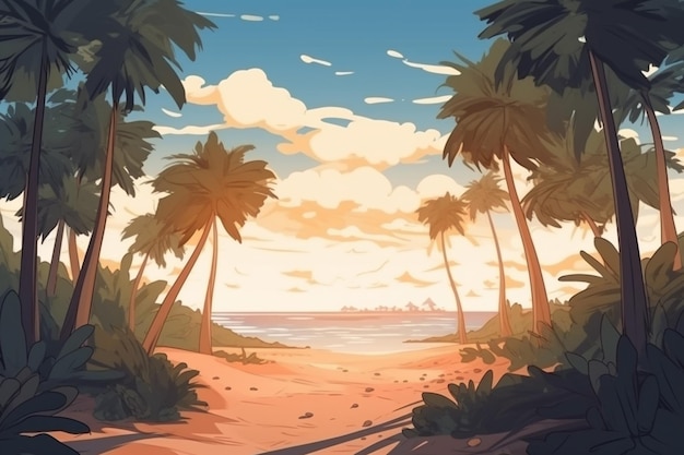 A cartoon style illustration of a tropical beach with palm trees generative ai