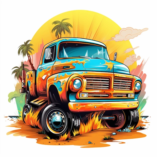 Cartoon style illustration of a truck with flames and palm trees generative ai